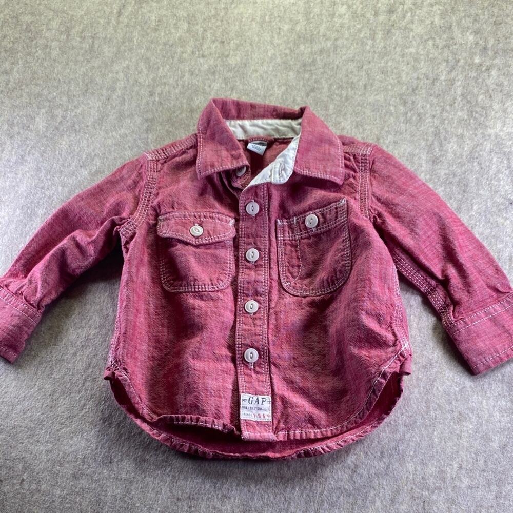GAP Kids Red Button-Up Long Sleeve Collared 100% Cotton Shirt Size 12-18 Months